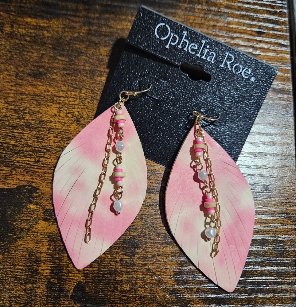 Ophelia Roe Pink Feather Gold Tone Chain Drop Earrings Deadstock NWT